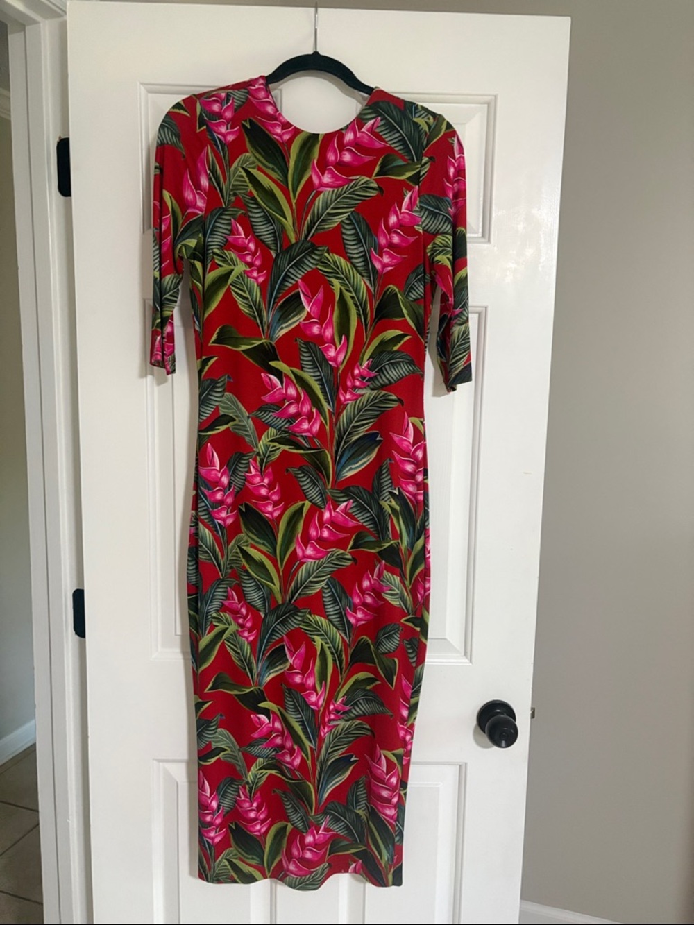 FARM Rio Dream Garden Jersey Red Midi Dress with Pink Tropical Floral Print